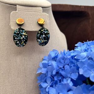 Vintage Speckled Enamel Oval Dangle Screwback Earrings Green Confetti